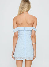 Christiana Off Shoulder Mini Dress Light Blue Burnout
