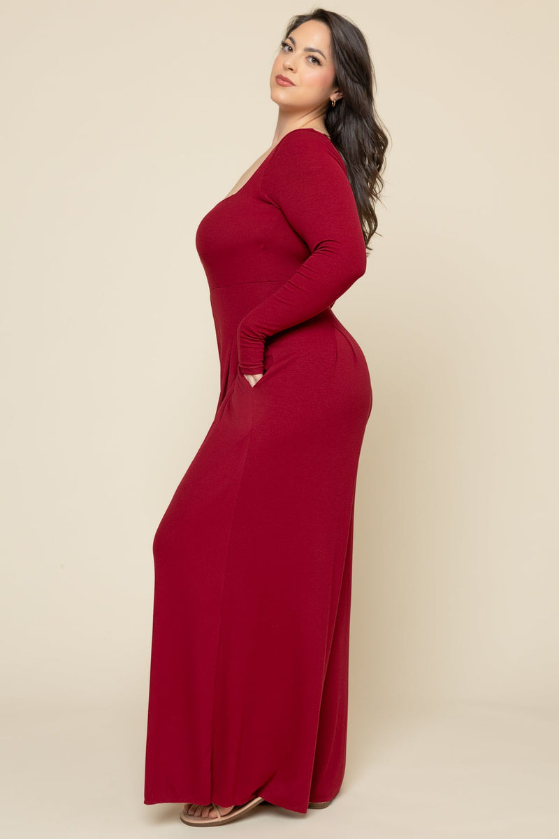Go With The Flow Long Sleeve Jumpsuit - Deep Cherry