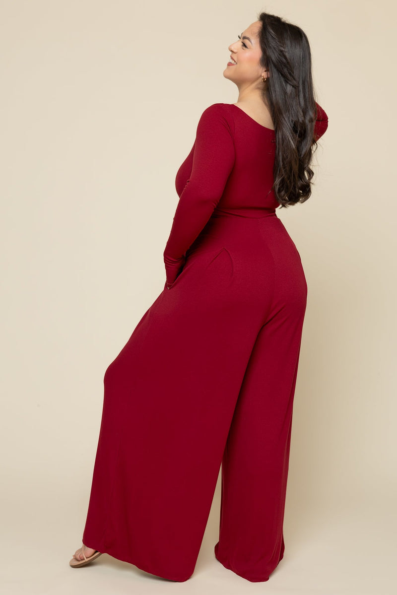 Go With The Flow Long Sleeve Jumpsuit - Deep Cherry