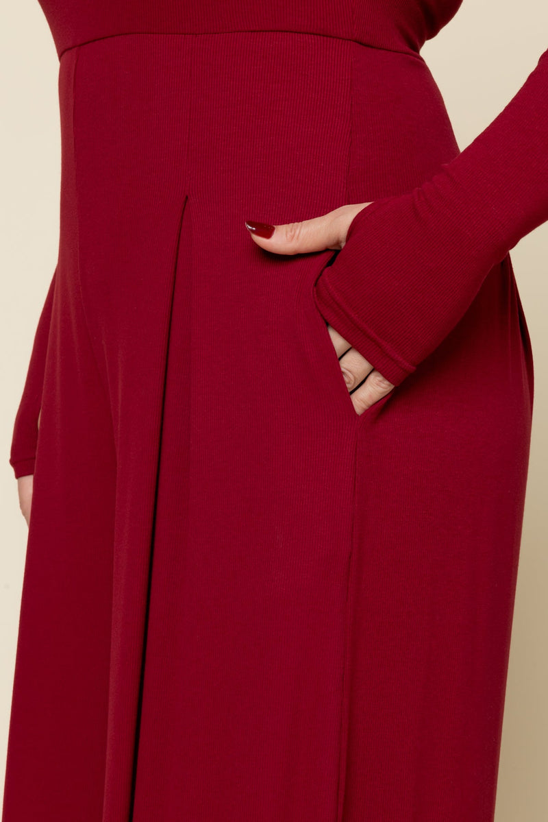 Go With The Flow Long Sleeve Jumpsuit - Deep Cherry
