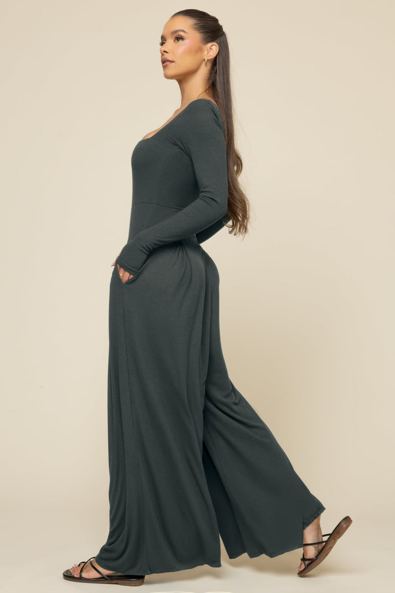 Go With The Flow Long Sleeve Jumpsuit - Deep Forest